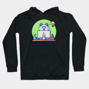 Cute Cat Working On Computer With Coffee Cup Cartoon Vector Icon Illustration Hoodie